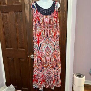 Bila Red Multicolor Paisley Maxi Dress with Black Crochet Neckline Americana